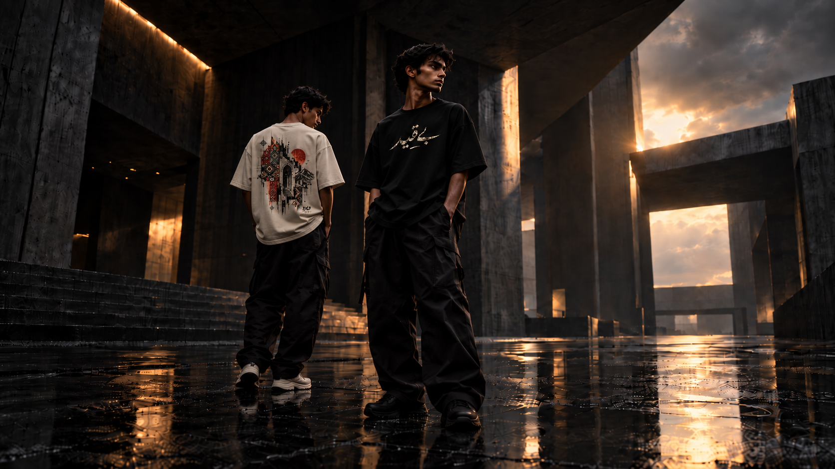 VEYRO World campaign featuring models wearing Articles 003 and 004 in brutalist architecture at sunset.
